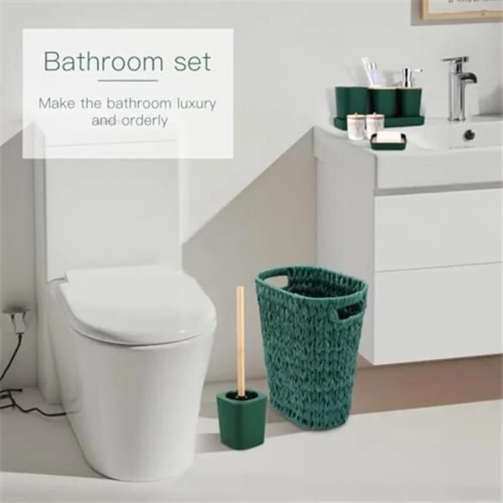 Dark Green Bathroom Accessories Set Wicker Trash Can Soap Dispenser Toothbrush